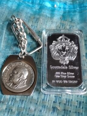 Men's Silver Tone Religious Keychain with Coin Medallion& Ounce Silver Billion